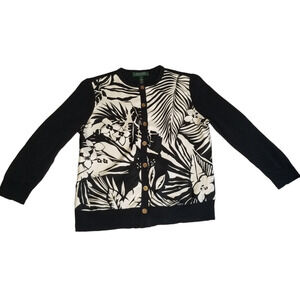 Lauren Ralph Lauren Black Cream Floral Silk Cashmere Cardigan Sweater Petite Med